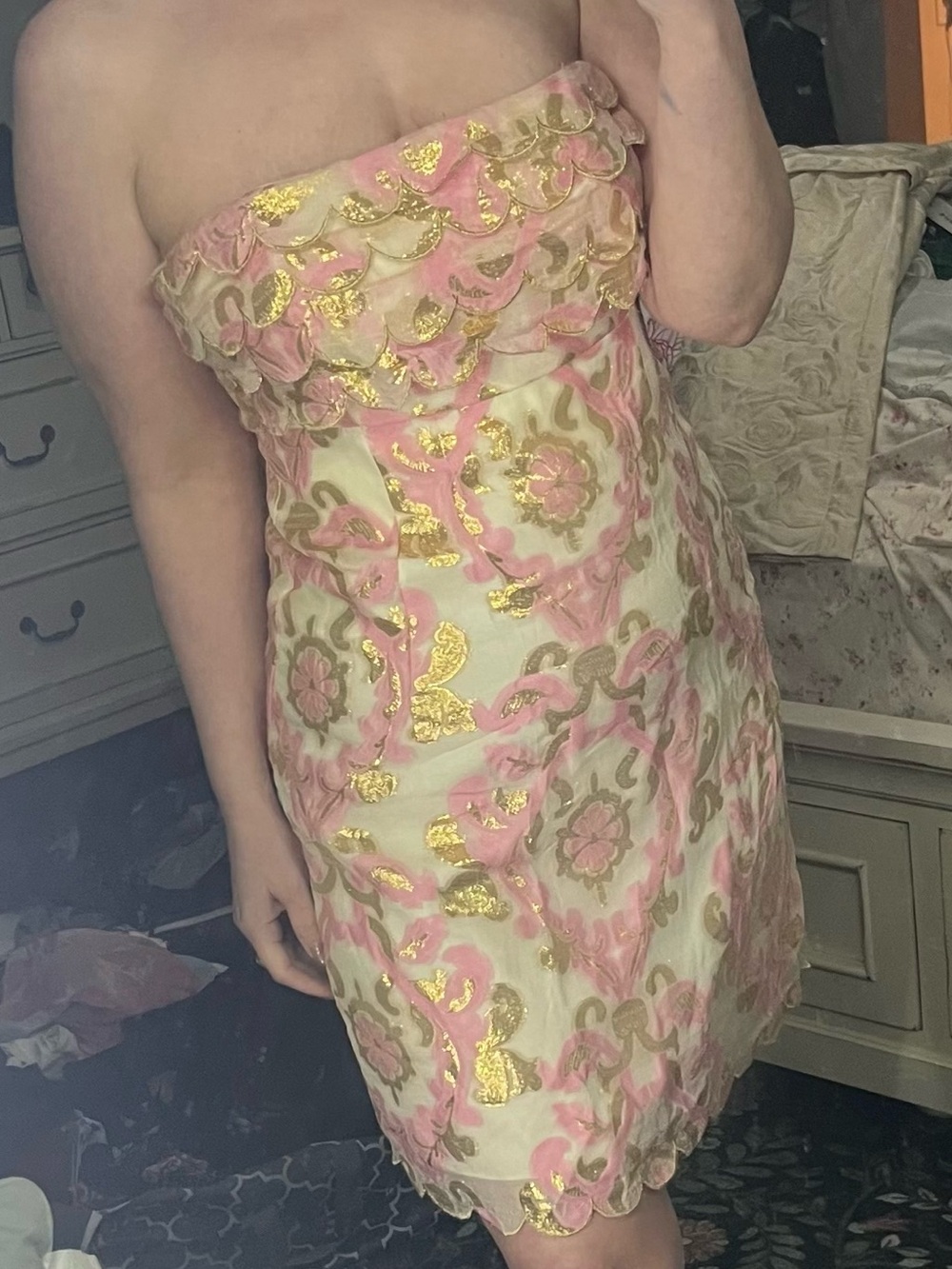 Lilly Pulitzer Strapless Pink, Gold and Cream Floral Brocade Dress